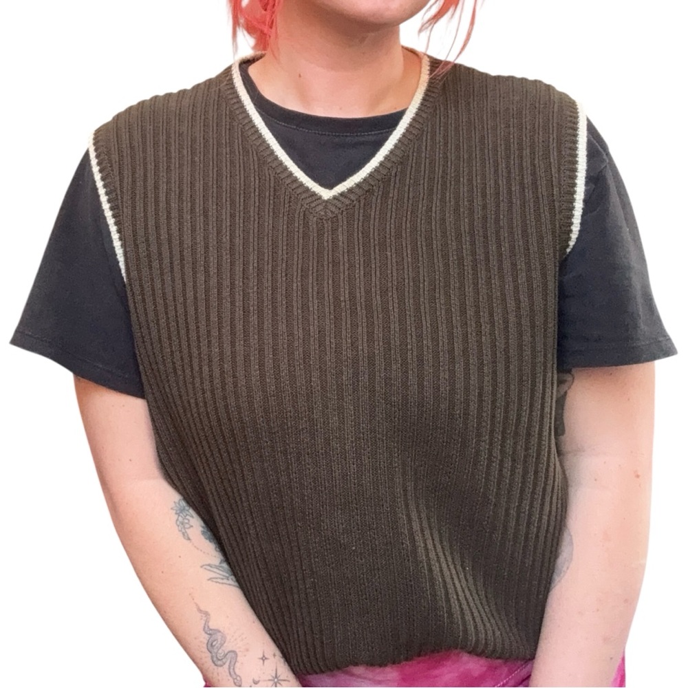 Vintage Industrial Rags V-Neck Ribbed Sweater Vest Academia Core Size M Olive